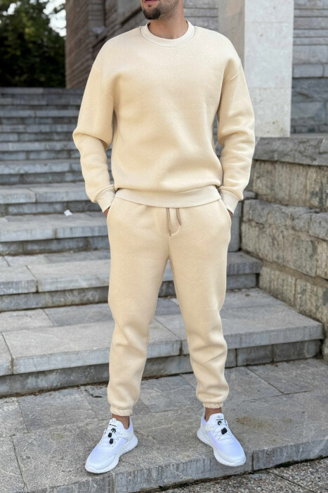 ROUND NECK SWEATSHIRT+JOGGERS FLUFFY MEN SET LIGHT BEIGE/BZHZB - KLAUDIO FASHION