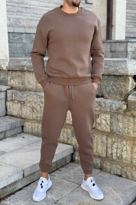 KOSTUM ME PUSH BLUZË ME JAKË TË RRUMBULLAKËT+TUTA PËR MESHKUJ NË NGJYRË KAFE TË ZBARDHUR - KLAUDIO FASHION