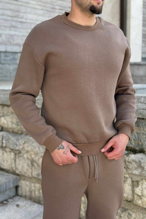 ROUND NECK SWEATSHIRT+JOGGERS FLUFFY MEN SET LIGHT BROWN/KAZB - 2