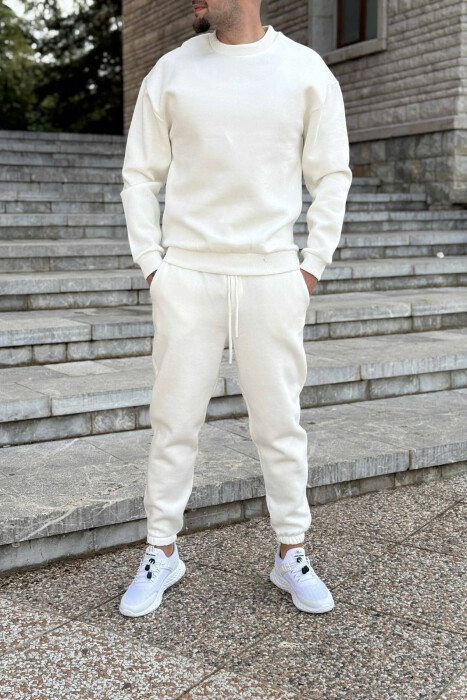ROUND NECK SWEATSHIRT+JOGGERS FLUFFY MEN SET WHITE-E BARDHE 