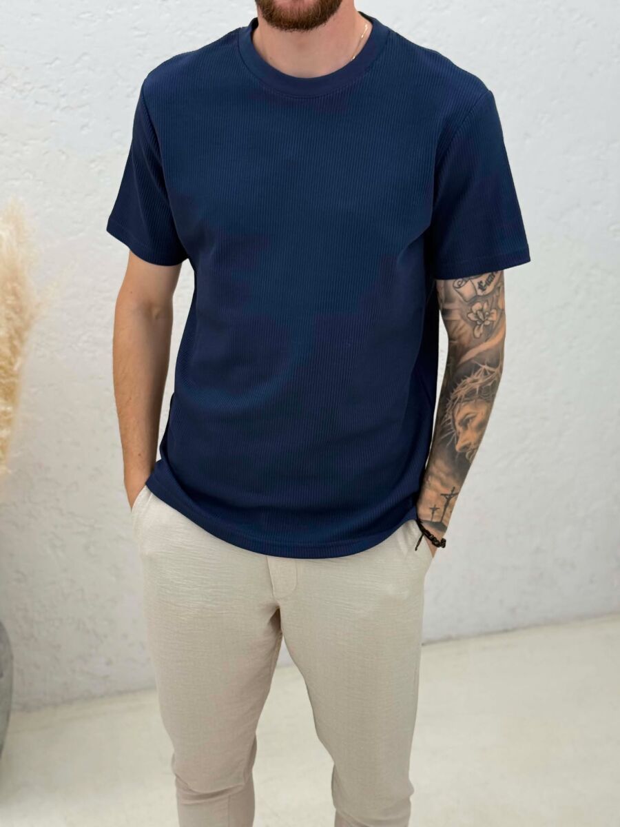 ROUND NECK TEXTURED MEN T-SHIRT BLUE/BLU - 4