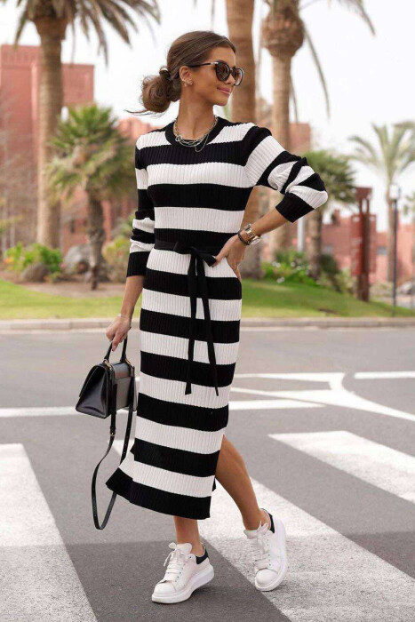 ROUND NECK TWO COLORS DRESS WHITE-BLACK/BAZE - 1