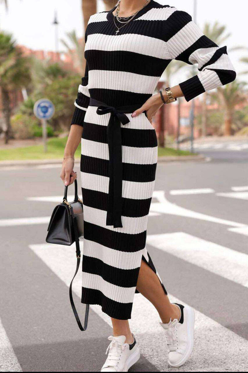 ROUND NECK TWO COLORS DRESS WHITE-BLACK/BAZE - 2