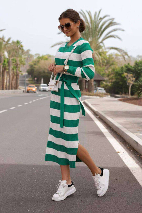 ROUND NECK TWO COLORS DRESS WHITE/GREEN-BAJE 
