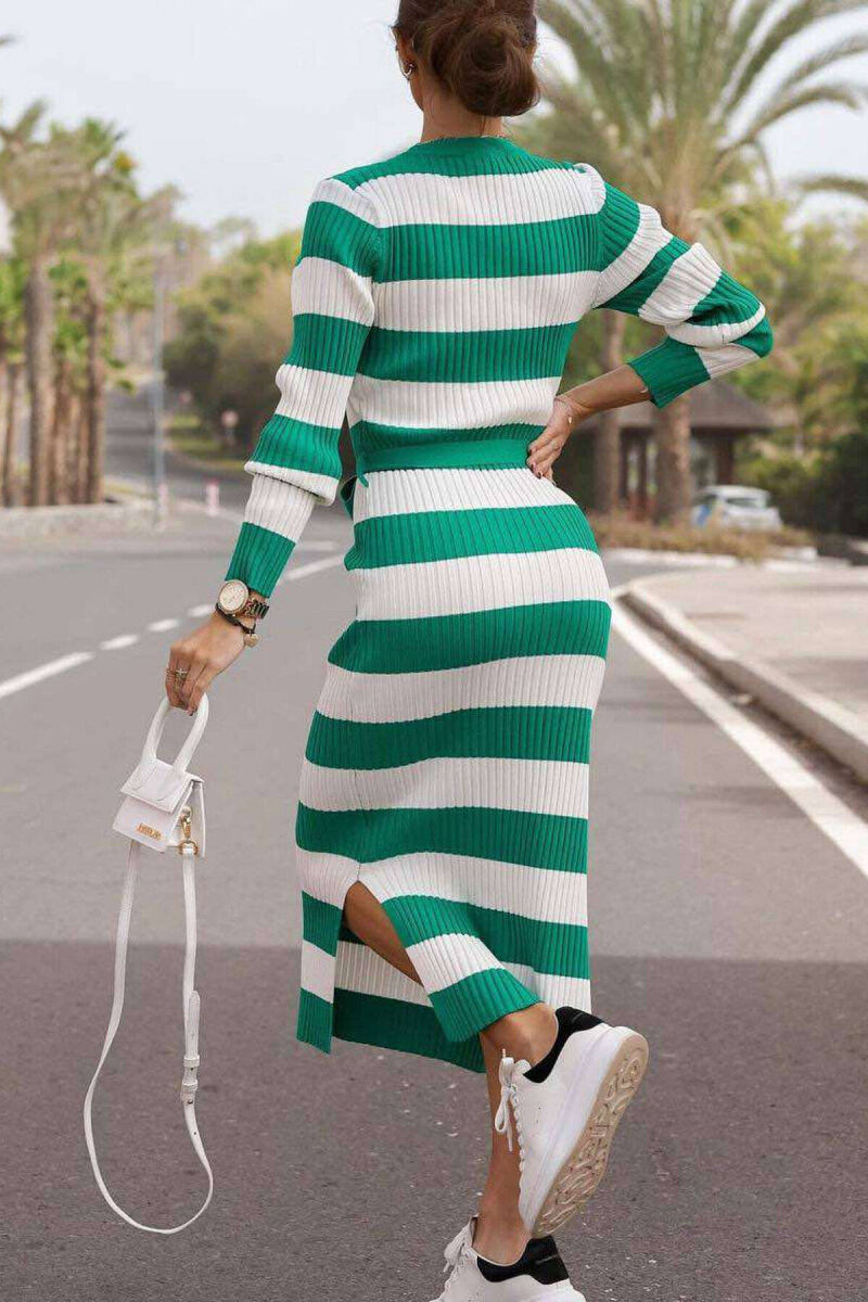 ROUND NECK TWO COLORS DRESS WHITE/GREEN-BAJE - 2