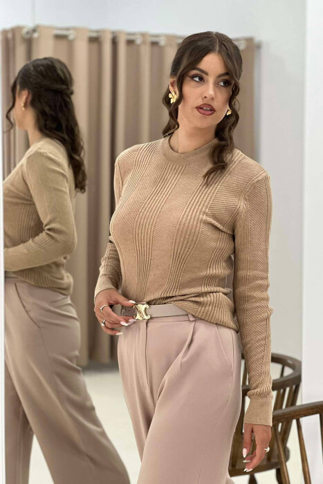 ROUND NECK WOMEN SWEATER DARK BEIGE/BEZHE ERRET - 3