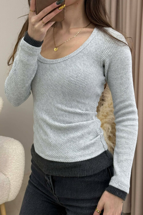 ROUND OPEN NECK SIMPLE WOMEN SWEATSHIRT LIGHT GREY/GZ - 4