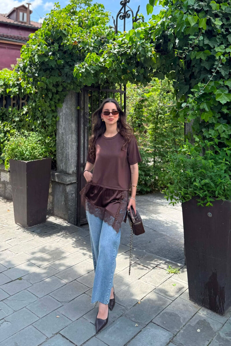 SATIN DETAIL WOMAN T-SHIRT BROWN/KAFE - 2