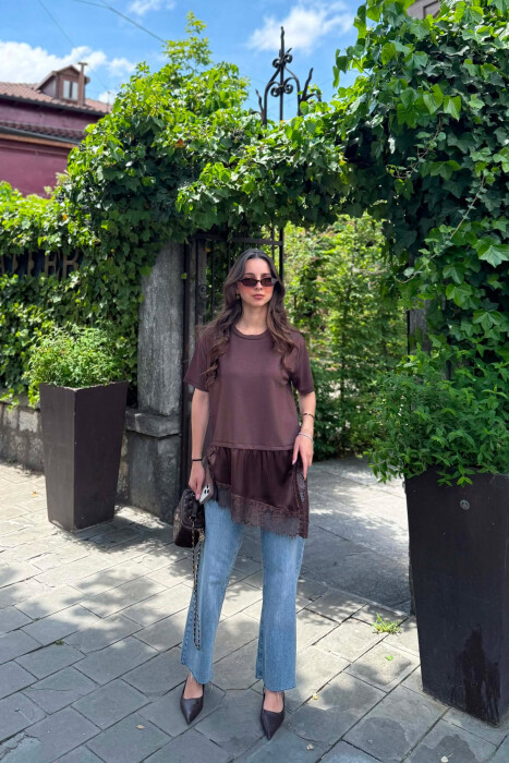 SATIN DETAIL WOMAN T-SHIRT BROWN/KAFE - 4