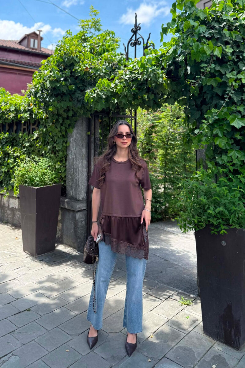SATIN DETAIL WOMAN T-SHIRT BROWN/KAFE - 4
