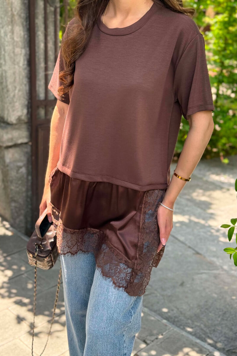 SATIN DETAIL WOMAN T-SHIRT BROWN/KAFE - 5