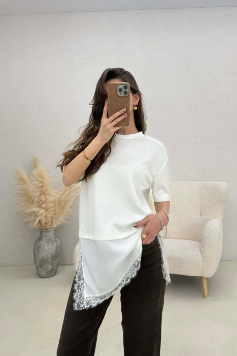 SATIN DETAIL WOMAN T-SHIRT WHITE-E BARDHE 