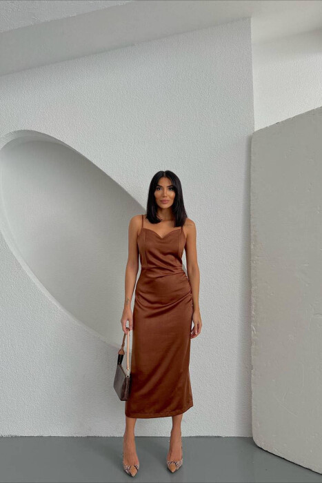 SATIN LONG DRESS BROWN/KAFE 