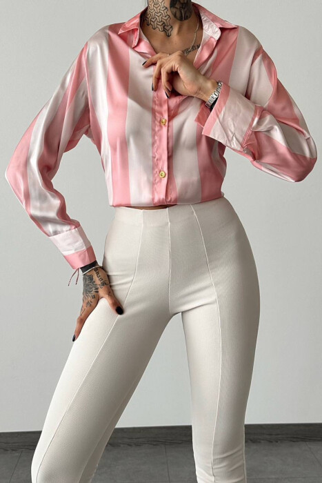 SATIN SIMPLE LONG SLEEVE WOMEN SHIRT POWDER/PUDER - 6