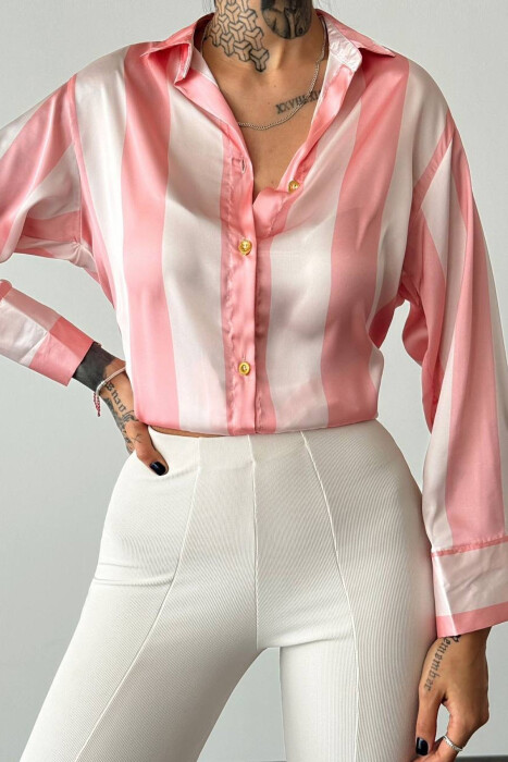 SATIN SIMPLE LONG SLEEVE WOMEN SHIRT POWDER/PUDER - 5