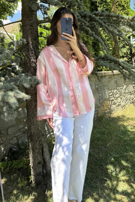 SATIN SIMPLE LONG SLEEVE WOMEN SHIRT POWDER/PUDER - 3