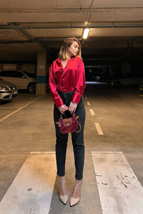 SATIN WOMEN SHIRT IN RED COLOR - 5