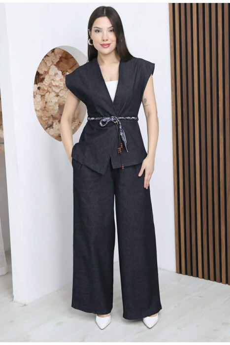 SCARF BELT DETAIL VEST + TROUSERS DENIM WOMAN SET BLUE/BLU - 1
