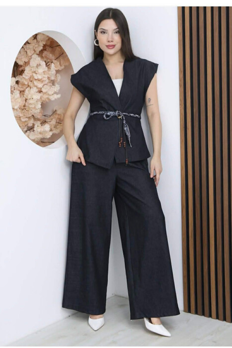 SCARF BELT DETAIL VEST + TROUSERS DENIM WOMAN SET BLUE/BLU - 2