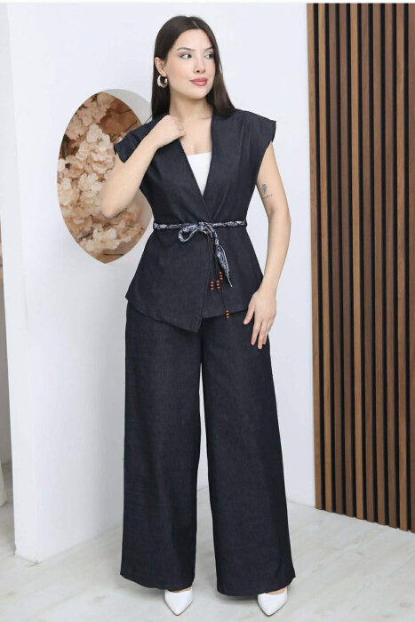 SCARF BELT DETAIL VEST + TROUSERS DENIM WOMAN SET BLUE/BLU - 3