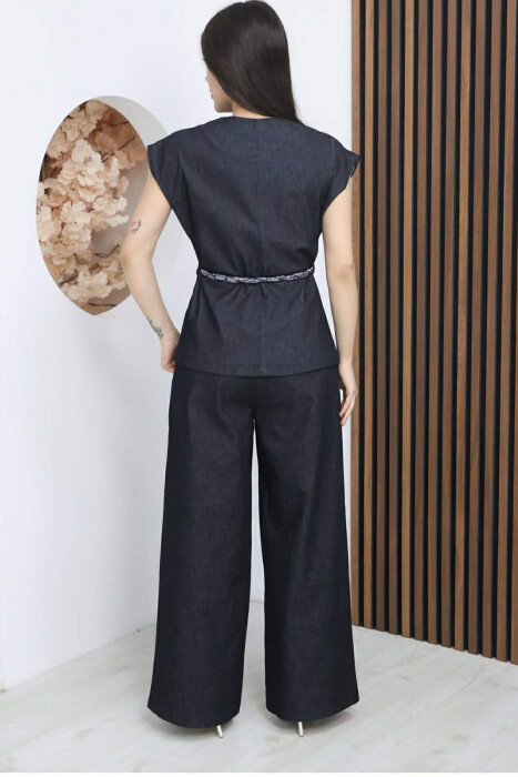 SCARF BELT DETAIL VEST + TROUSERS DENIM WOMAN SET BLUE/BLU - 5