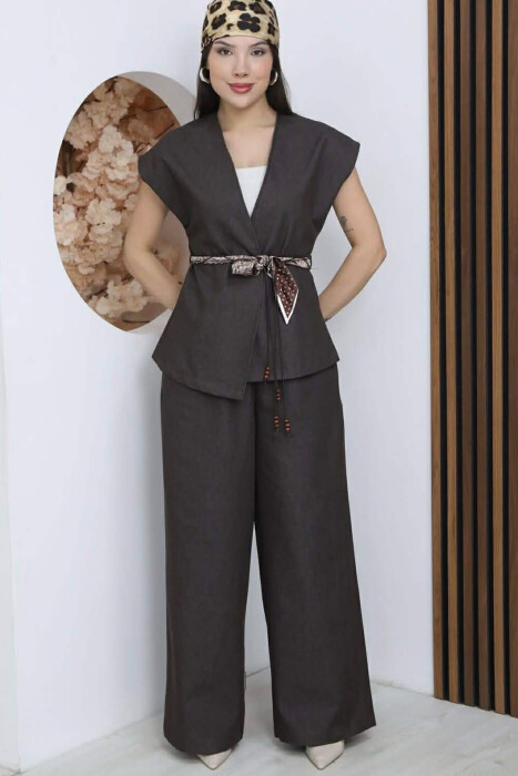 SCARF BELT DETAIL VEST + TROUSERS DENIM WOMAN SET BROWN/KAFE - 2