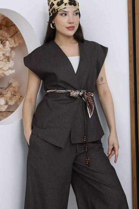 SCARF BELT DETAIL VEST + TROUSERS DENIM WOMAN SET BROWN/KAFE - 3