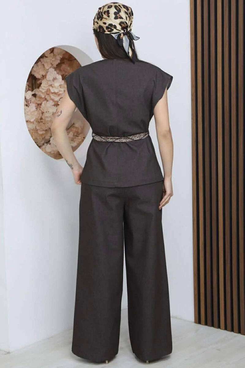 SCARF BELT DETAIL VEST + TROUSERS DENIM WOMAN SET BROWN/KAFE - 4