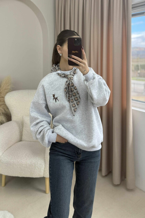 SCARF DETAIL DEER IMAGE FLUFFY WOMEN SWEATSHIRT LIGHT GREY/GZ - KLAUDIO FASHION