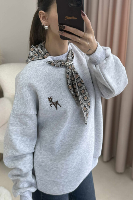 SCARF DETAIL DEER IMAGE FLUFFY WOMEN SWEATSHIRT LIGHT GREY/GZ - 3