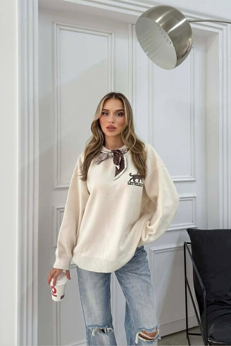 SCARF DETAIL LEO IMAGE WRITTINGS WOMEN SWEATER CREAM/KREM - 2