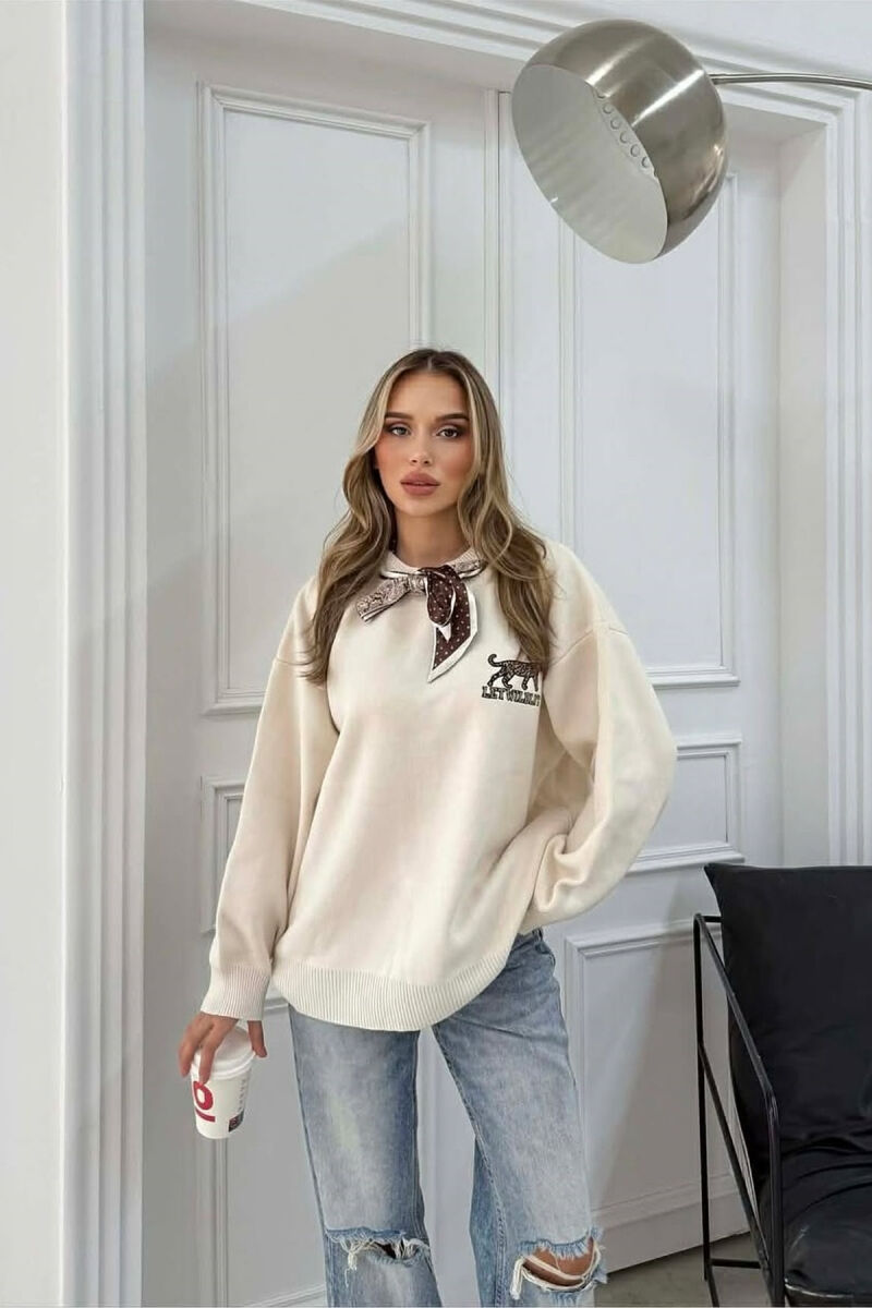 SCARF DETAIL LEO IMAGE WRITTINGS WOMEN SWEATER CREAM/KREM - 2