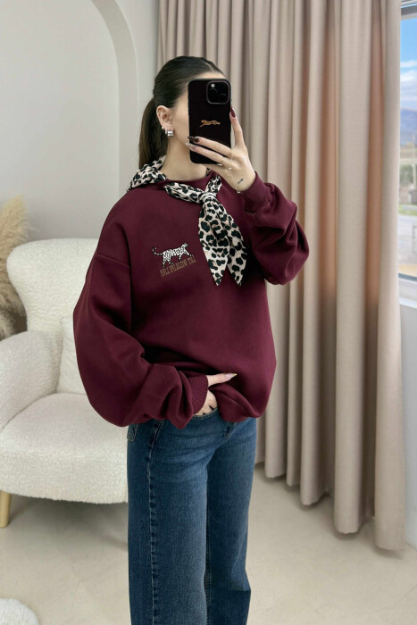 SCARF DETAIL LEO PRINT FLUFFY WOMEN SWEATSHIRT BURGUNDY/VISHNJE 
