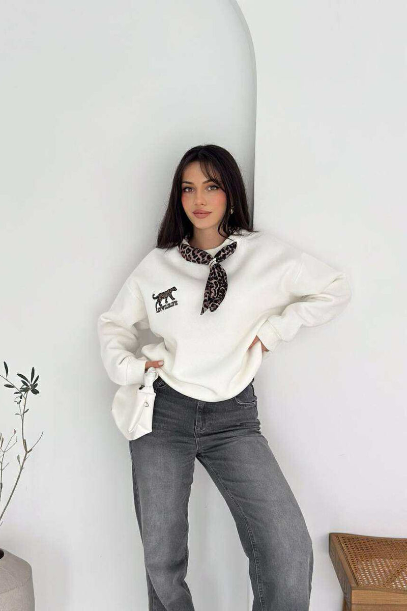 SCARF DETAIL LEO PRINT FLUFFY WOMEN SWEATSHIRT WHITE-E BARDHE - 1