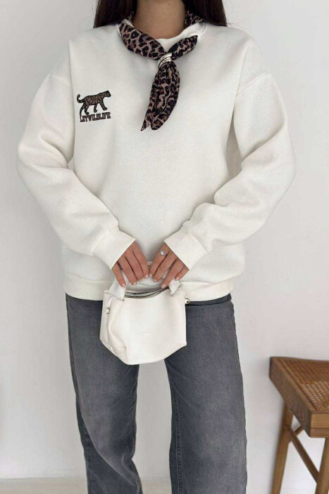 SCARF DETAIL LEO PRINT FLUFFY WOMEN SWEATSHIRT WHITE-E BARDHE - 2