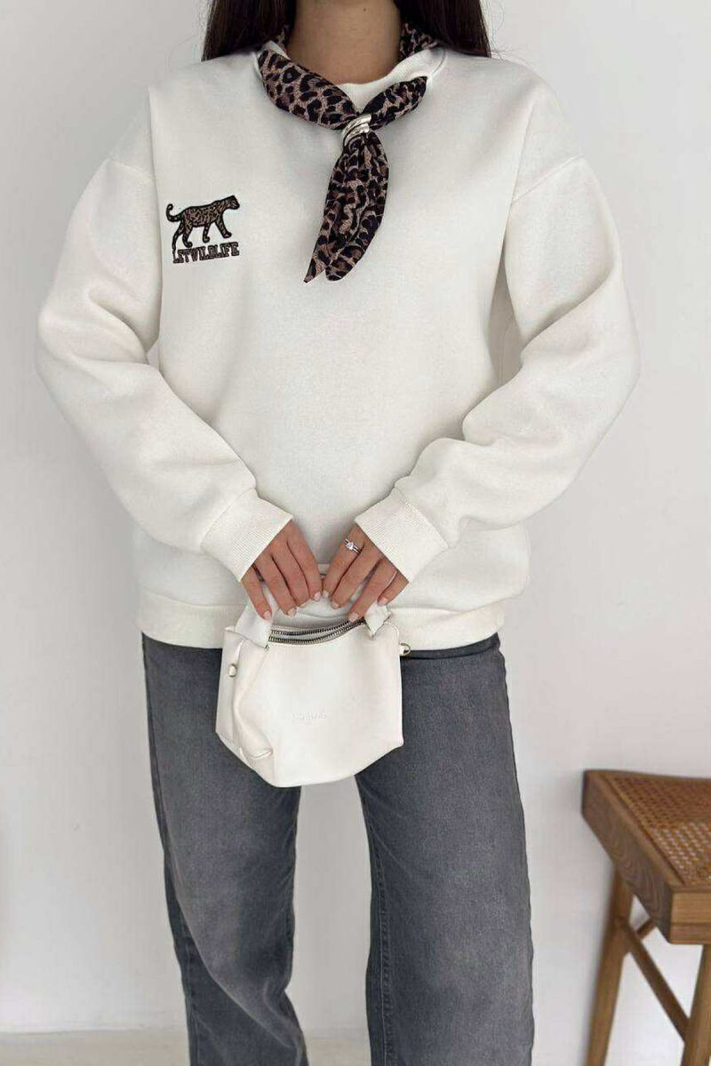 SCARF DETAIL LEO PRINT FLUFFY WOMEN SWEATSHIRT WHITE-E BARDHE - 2