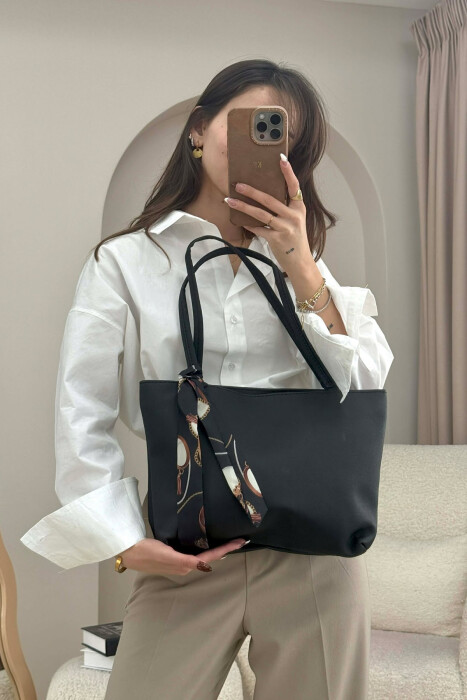 SCARF DETAIL ONE COLOR SIMPLE WOMEN BAG BLACK/ E ZEZE - KLAUDIO FASHION