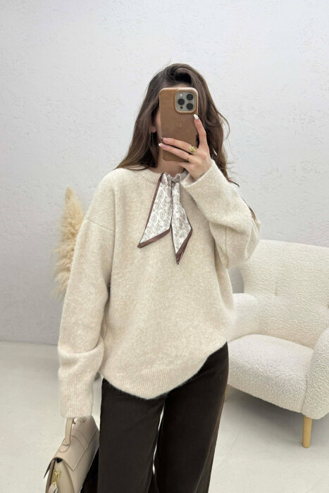 SCARF DETAIL ONE COLOR WOMEN SWEATER BEIGE/BEZHE - 1
