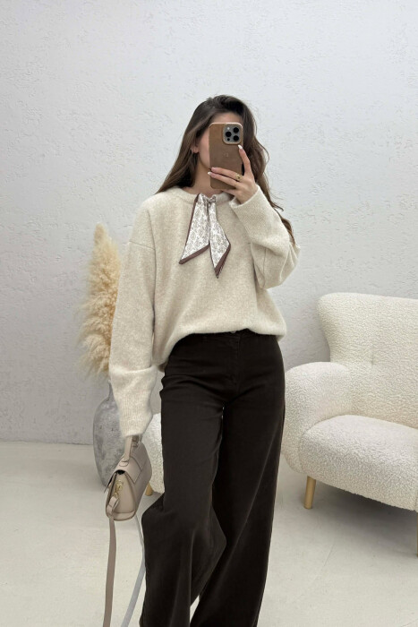 SCARF DETAIL ONE COLOR WOMEN SWEATER BEIGE/BEZHE - 3