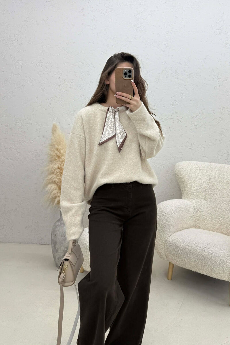 SCARF DETAIL ONE COLOR WOMEN SWEATER BEIGE/BEZHE - 3