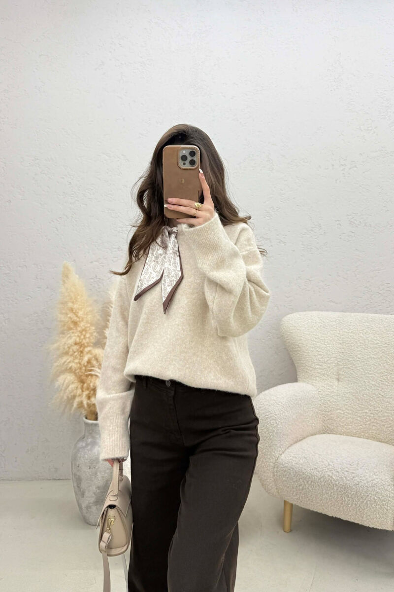 SCARF DETAIL ONE COLOR WOMEN SWEATER BEIGE/BEZHE - 4
