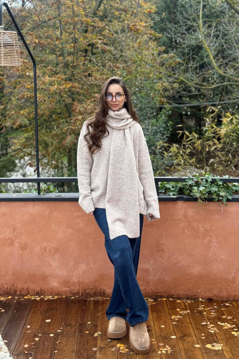 SCARF DETAIL ONE COLOR WOMEN SWEATER BEIGE/BEZHE - 1