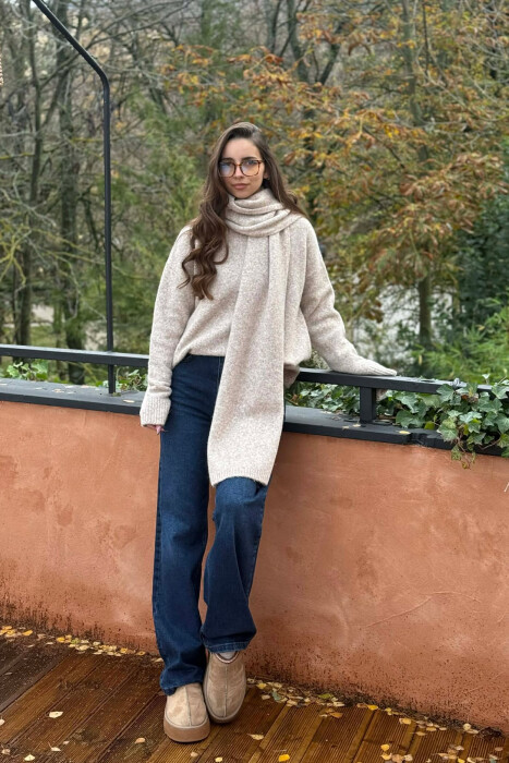 SCARF DETAIL ONE COLOR WOMEN SWEATER BEIGE/BEZHE - 4