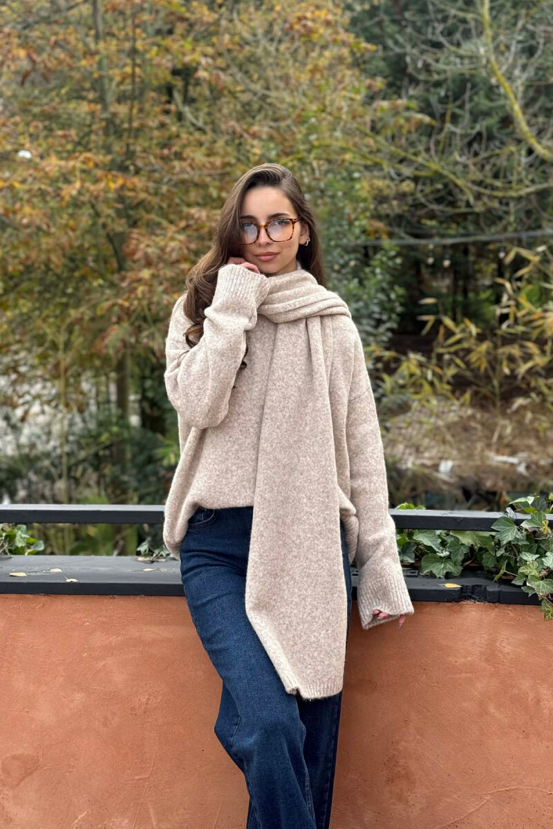 SCARF DETAIL ONE COLOR WOMEN SWEATER BEIGE/BEZHE - 5