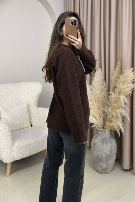 SCARF DETAIL ONE COLOR WOMEN SWEATER BROWN/KAFE - 4