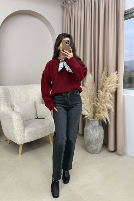 SCARF DETAIL ONE COLOR WOMEN SWEATER BURGUNDY/VISHNJE - KLAUDIO FASHION