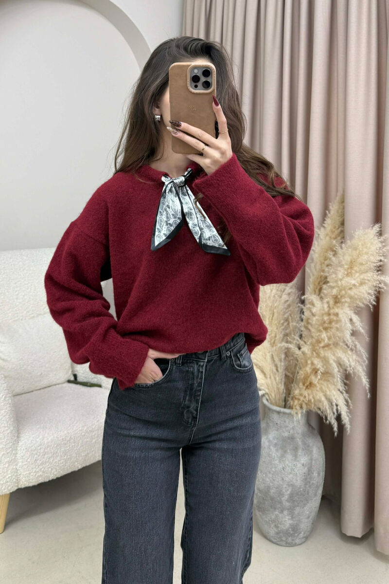 SCARF DETAIL ONE COLOR WOMEN SWEATER BURGUNDY/VISHNJE - 3