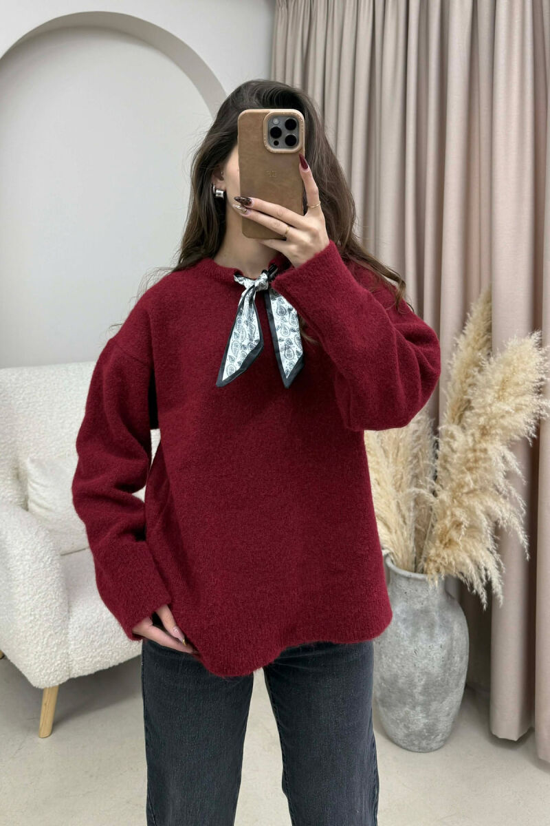 SCARF DETAIL ONE COLOR WOMEN SWEATER BURGUNDY/VISHNJE - 4