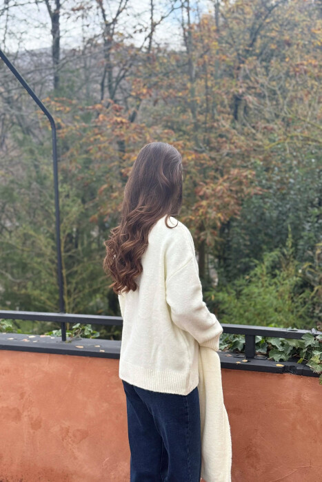 SCARF DETAIL ONE COLOR WOMEN SWEATER CREAM/KREM - 3