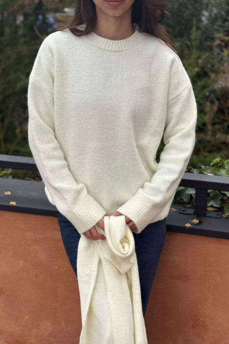 SCARF DETAIL ONE COLOR WOMEN SWEATER CREAM/KREM - 4